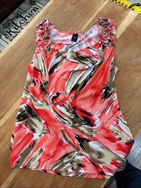 Wrangler Coral, Tan & Black Abstract Sleeveless Ruffled Shoulder Top